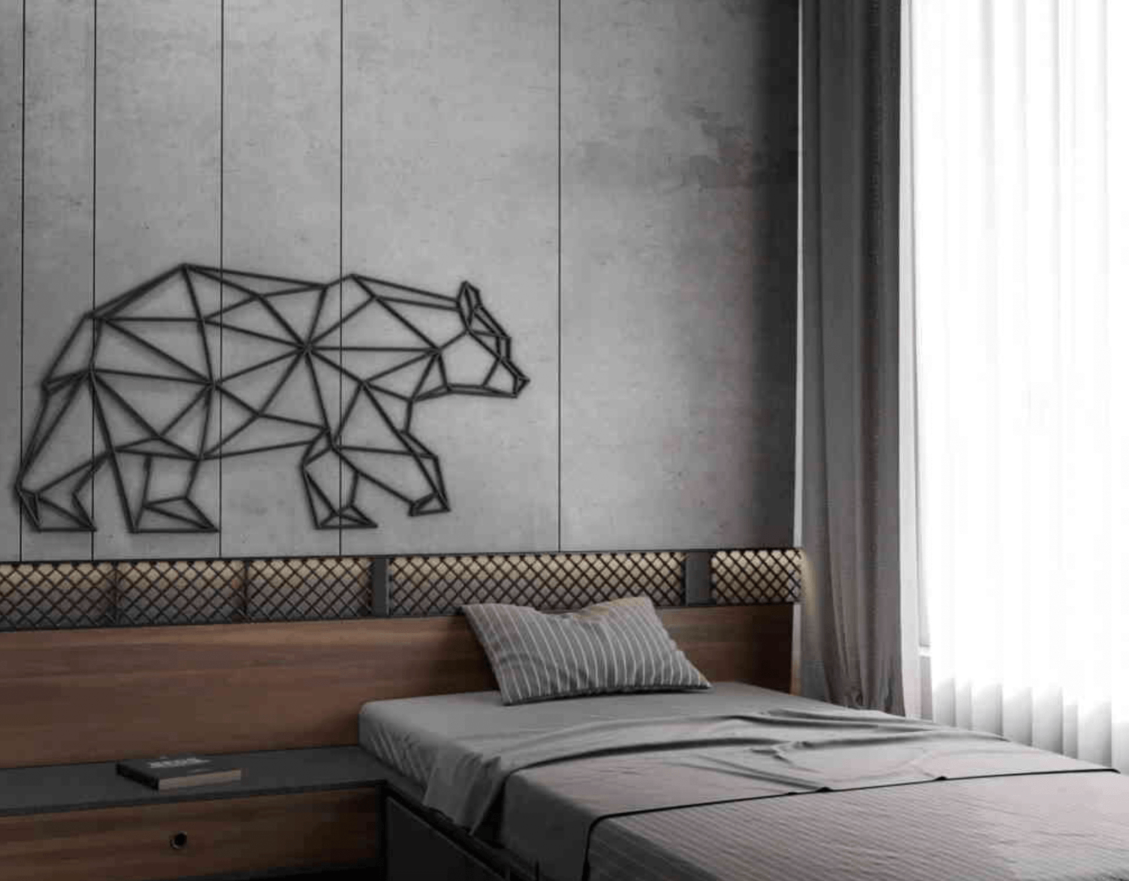 Phòng ngủ hiện đại với họa tiết gấu hình học trên tường, nội thất tông màu xám và gỗ.