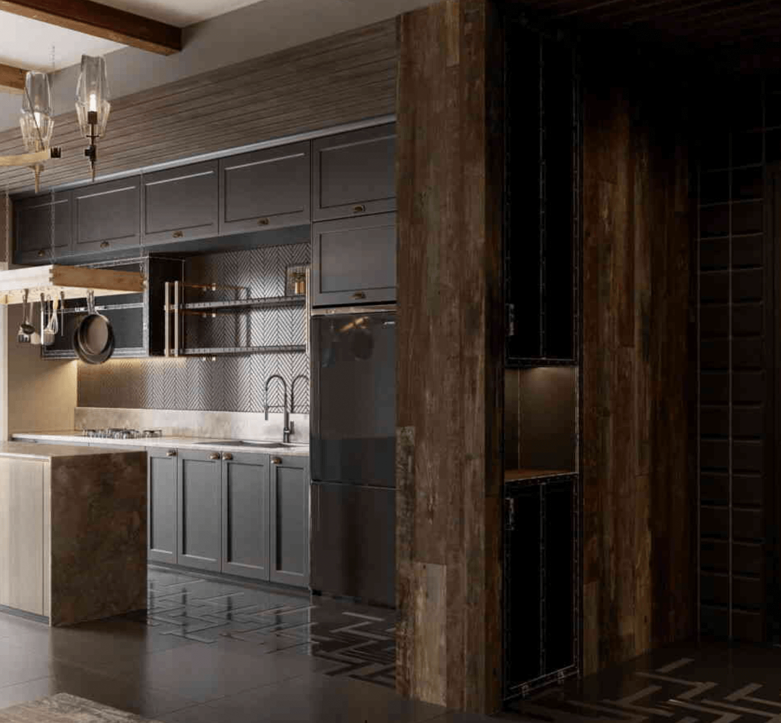 Nhà bếp hiện đại với tủ gỗ, đèn treo sang trọng và bếp nấu ăn, mang đến không gian nội thất ấm cúng.