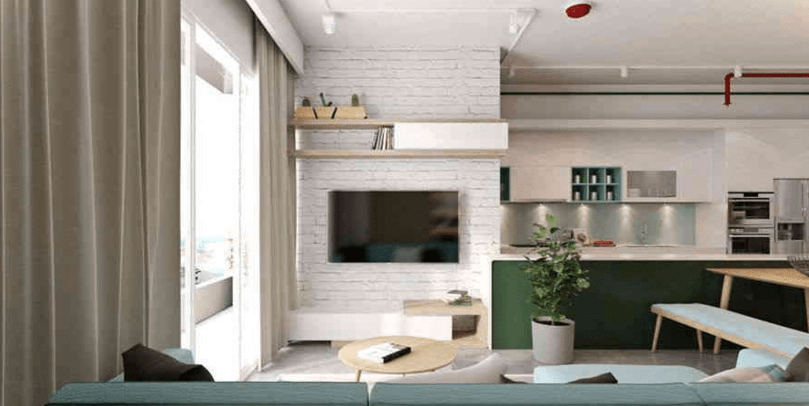 Phòng khách hiện đại với tivi treo tường và nội thất gỗ sáng màu, không gian mở kết hợp bếp tiện nghi.