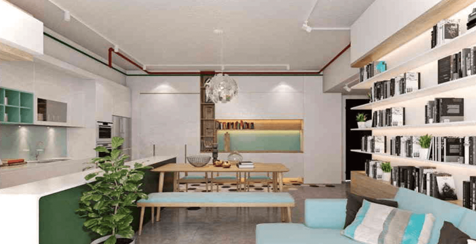 Thiết kế nội thất phòng khách hiện đại với tủ sách và bàn ăn bằng gỗ, cây xanh tạo không gian thoải mái.