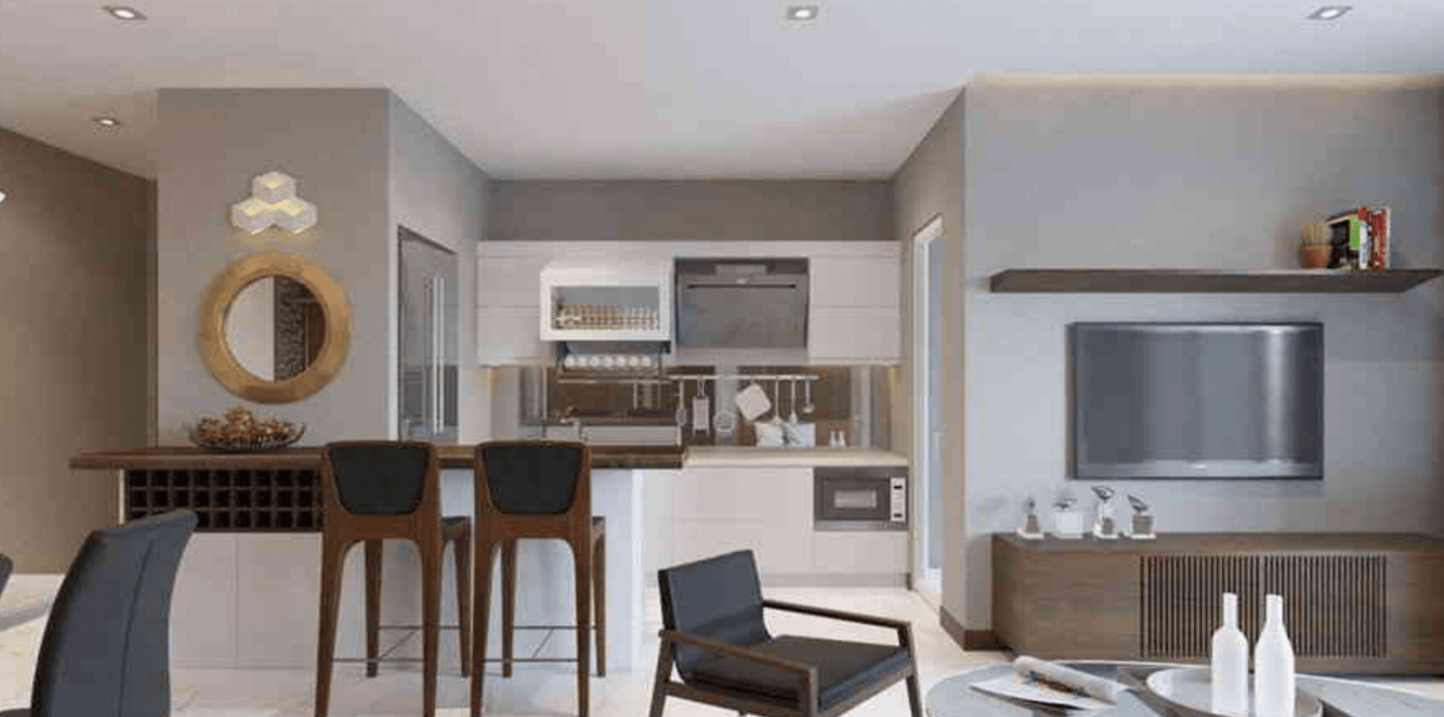 Phòng bếp hiện đại với nội thất sang trọng, bàn ghế gỗ, trang trí nổi bật và tông màu trầm ấm.