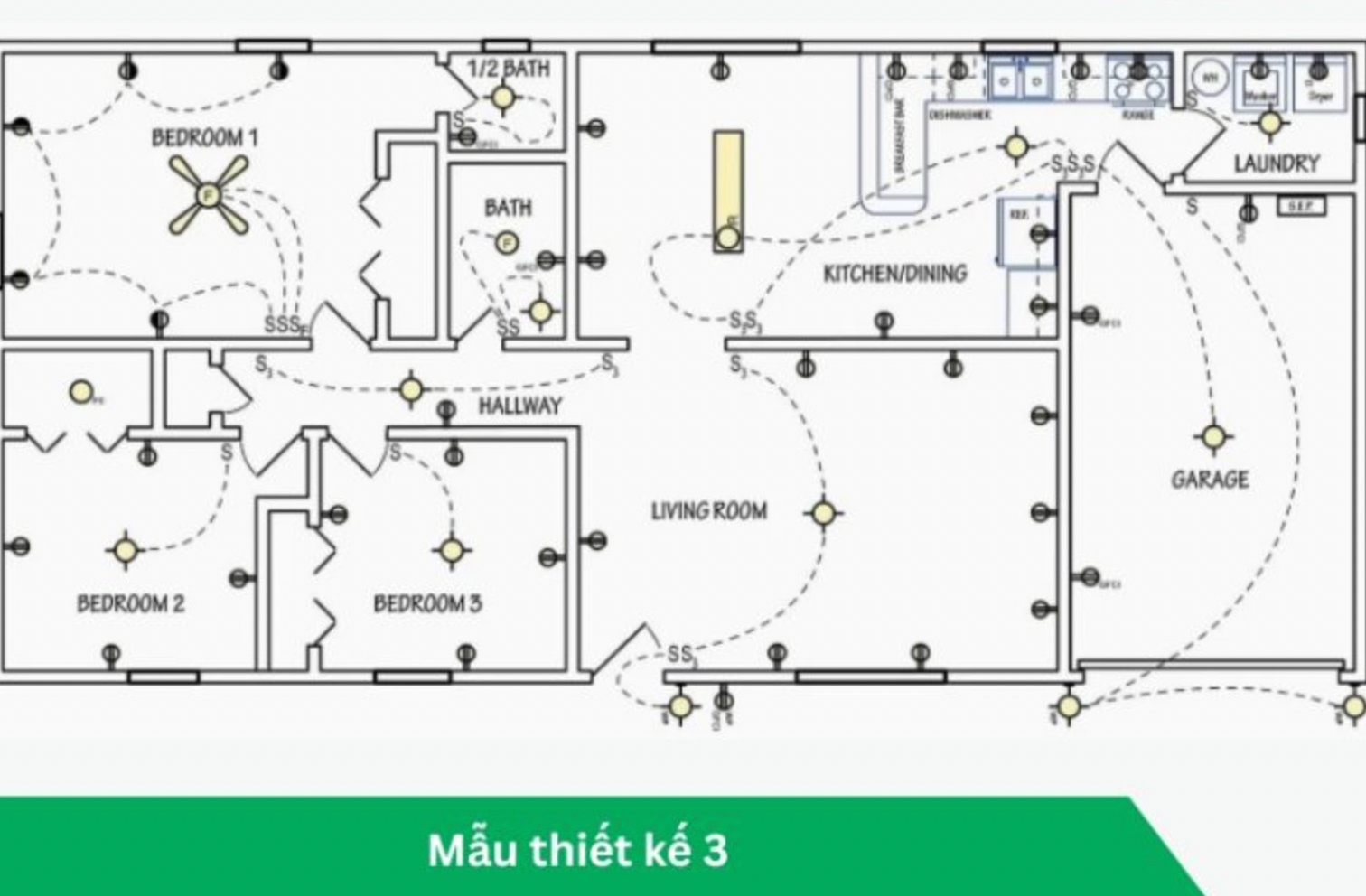 Bản vẽ mặt bằng nhà mẫu thiết kế 3 với 3 phòng ngủ, phòng khách, bếp, phòng giặt và gara.