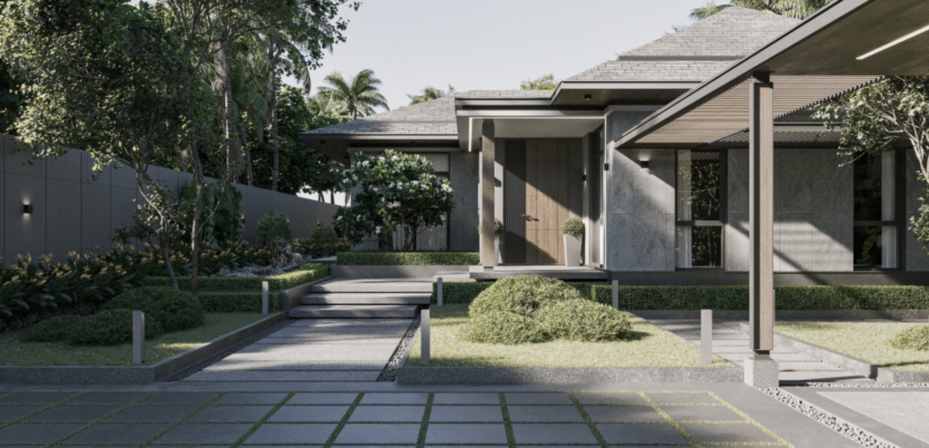 Nhà hiện đại với sân vườn xanh tươi và lối đi lát đá, ánh sáng tự nhiên chiếu rọi.