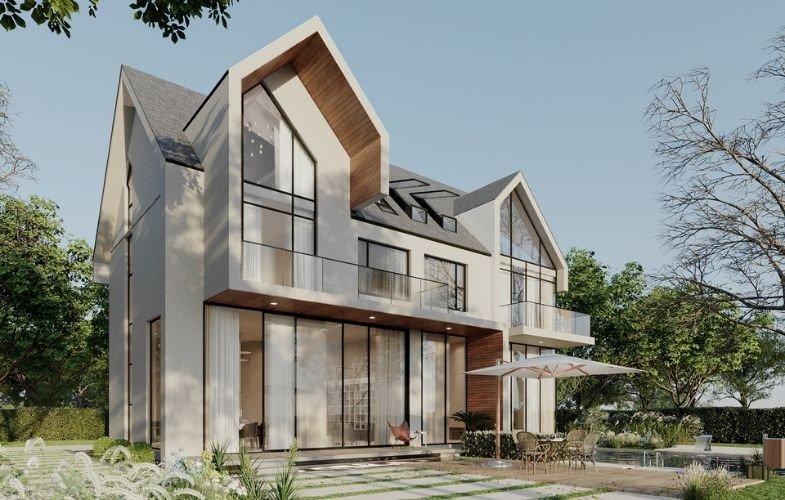 Biệt thự hiện đại với kiến trúc kính, vườn xanh mát, bàn ghế ngoài trời và ô che, tạo không gian sống lý tưởng.