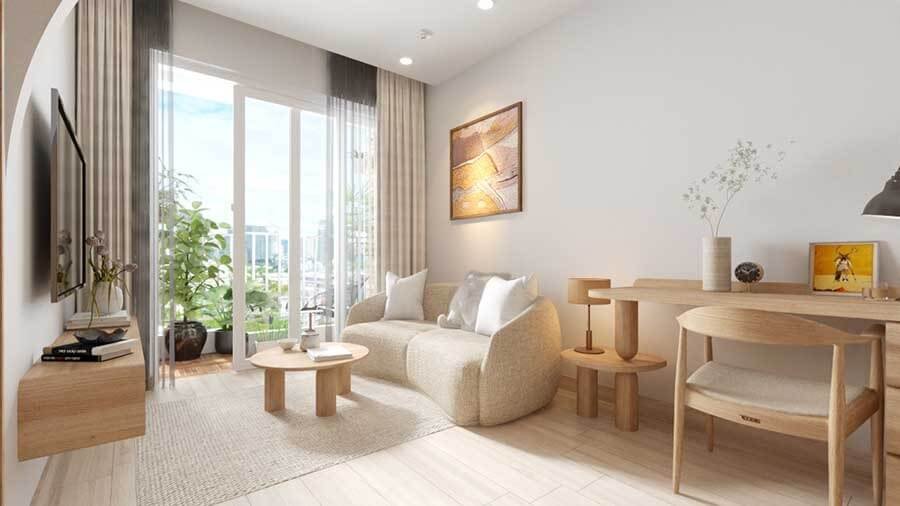 Phòng khách hiện đại với nội thất gỗ, ghế sofa, bàn tròn, tranh treo tường, và cửa sổ lớn nhìn ra ngoài trời.