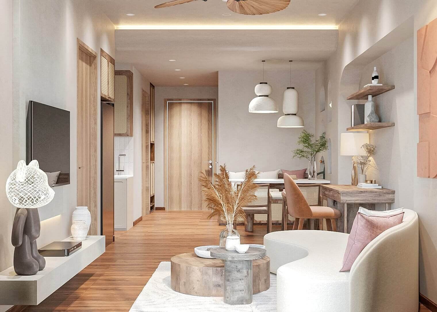 Phòng khách hiện đại với nội thất gỗ và trang trí tối giản, ánh sáng tự nhiên tạo không gian ấm cúng.