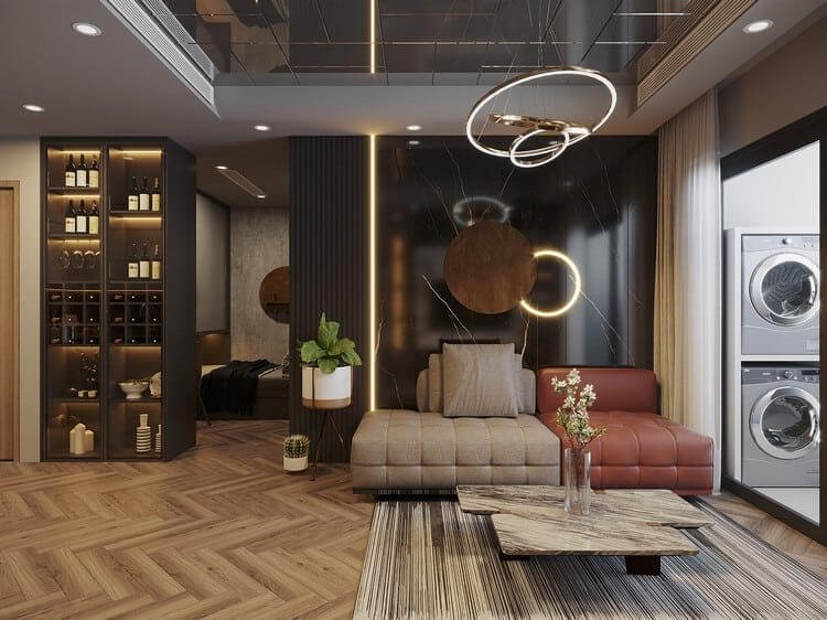 Phòng khách hiện đại với sofa nâu đỏ, đèn trần sáng tạo, nội thất tối giản và kệ rượu sang trọng.