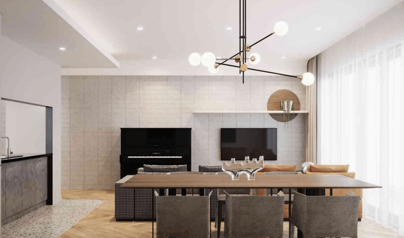 Phòng khách hiện đại với đèn chùm, đàn piano, tivi và bàn ăn rộng rãi.