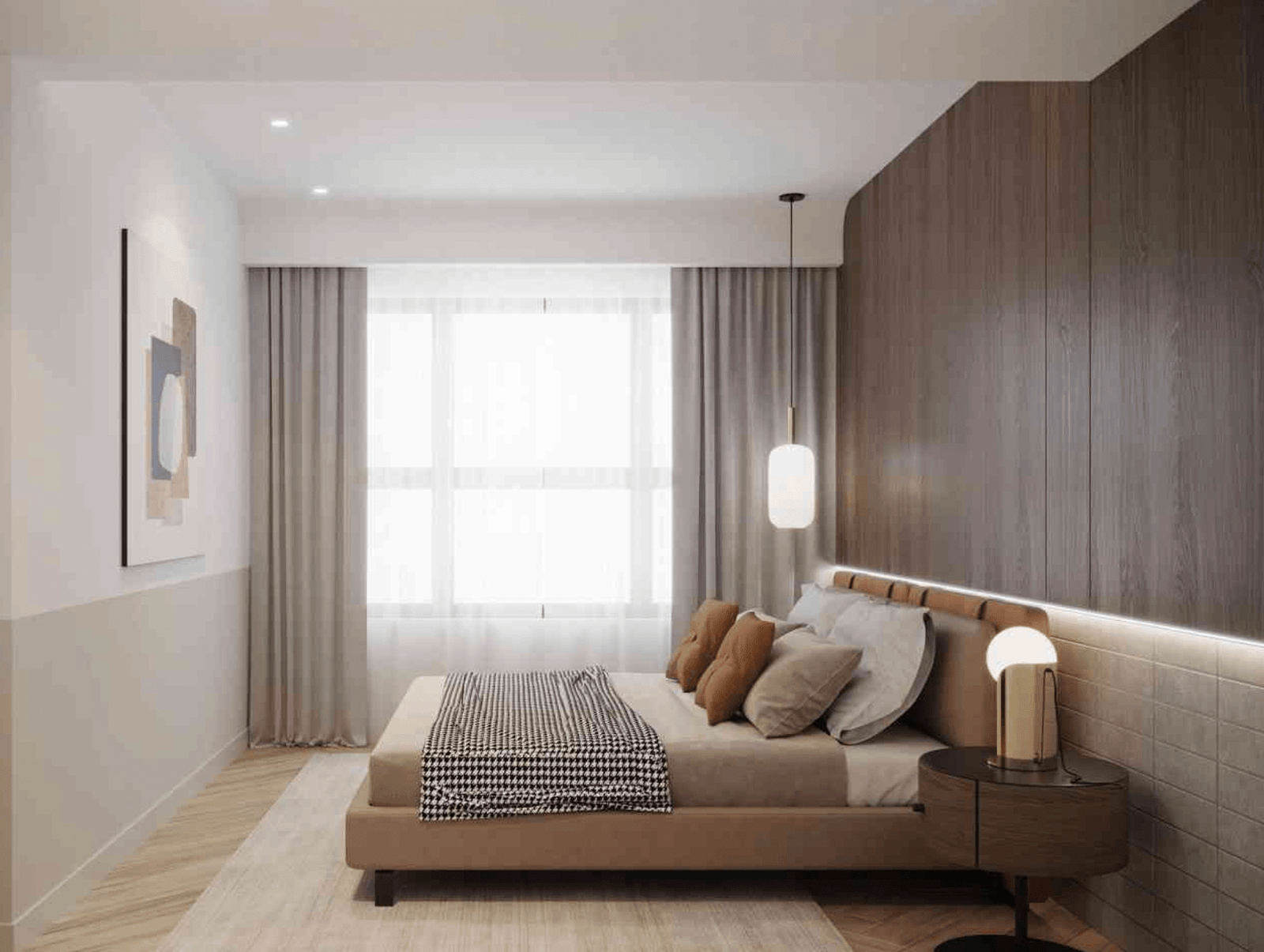 Phòng ngủ hiện đại với giường đôi, đèn treo và trang trí tối giản.