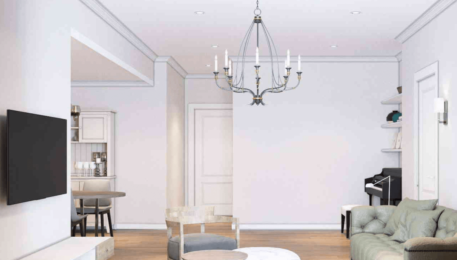 Phòng khách hiện đại với đèn chùm, sofa xanh nhạt, bàn tròn và kệ sách cao.