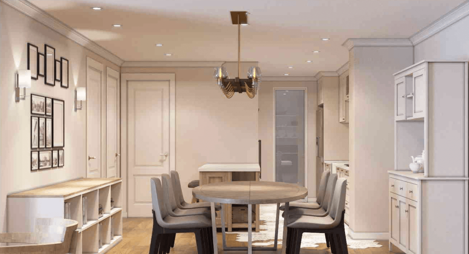 Nhà bếp và phòng ăn hiện đại với bàn tròn, ghế đệm, đèn trần và trang trí tranh ảnh trên tường.