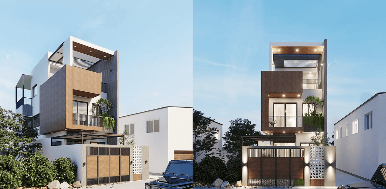 Ngôi nhà hiện đại 4 tầng với thiết kế kiến trúc tinh tế và cảnh quan xung quanh xanh mát.