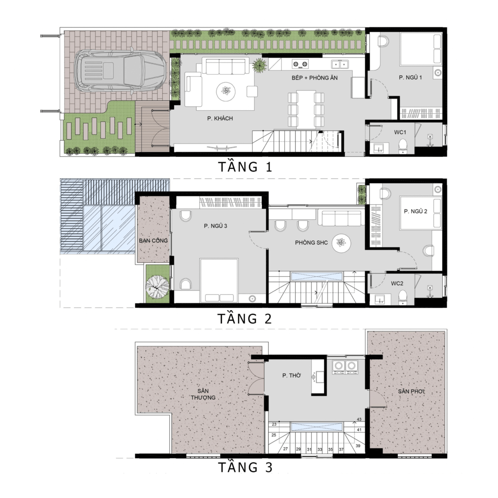 thiet-ke-cong-nang-nha-pho-mat-tien-6m-3-tang-dai-18m Bản vẽ chi tiết kiến trúc nhà 3 tầng với phòng khách, bếp, phòng ngủ và sân thượng.
