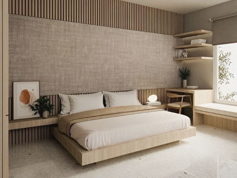 Phòng ngủ hiện đại với giường gỗ, trang trí tối giản, ánh sáng tự nhiên từ cửa sổ, mang lại không gian thư giãn.