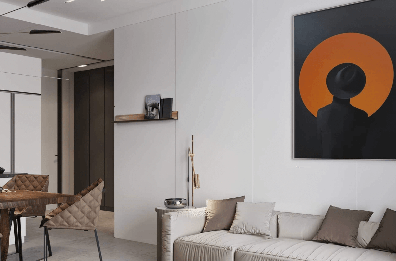 Phòng khách hiện đại với sofa trắng, tranh tường và bàn ghế ăn bằng gỗ.