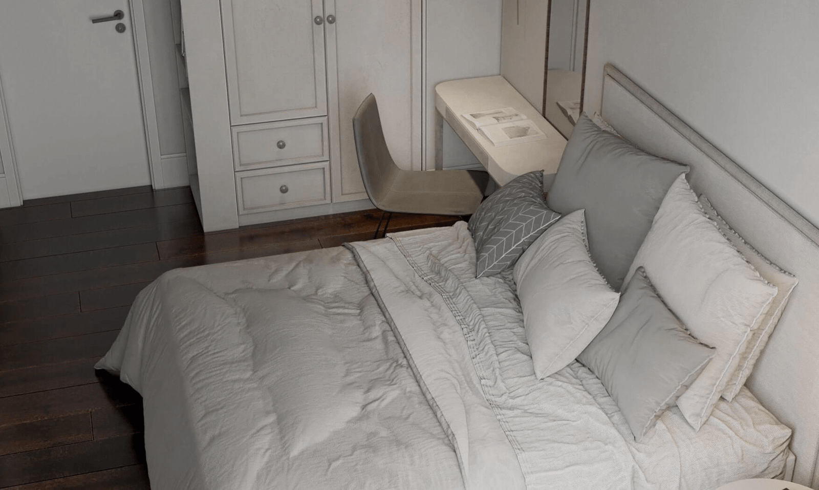 Phòng ngủ hiện đại với giường êm ái, gối trắng, bàn làm việc nhỏ và tủ quần áo, tạo không gian thoải mái và tiện nghi.