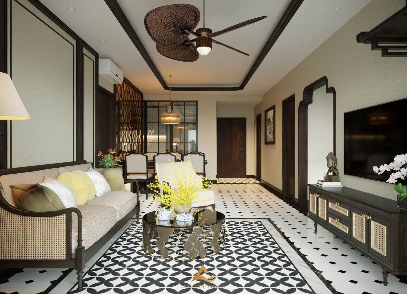 Phòng khách hiện đại với sofa tối màu, bàn kính tròn, quạt trần gỗ và sàn gạch họa tiết sáng tạo.