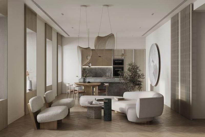 Phòng khách hiện đại với nội thất sang trọng, bộ ghế sofa trắng và bàn ăn gỗ, ánh sáng tự nhiên từ cửa sổ.