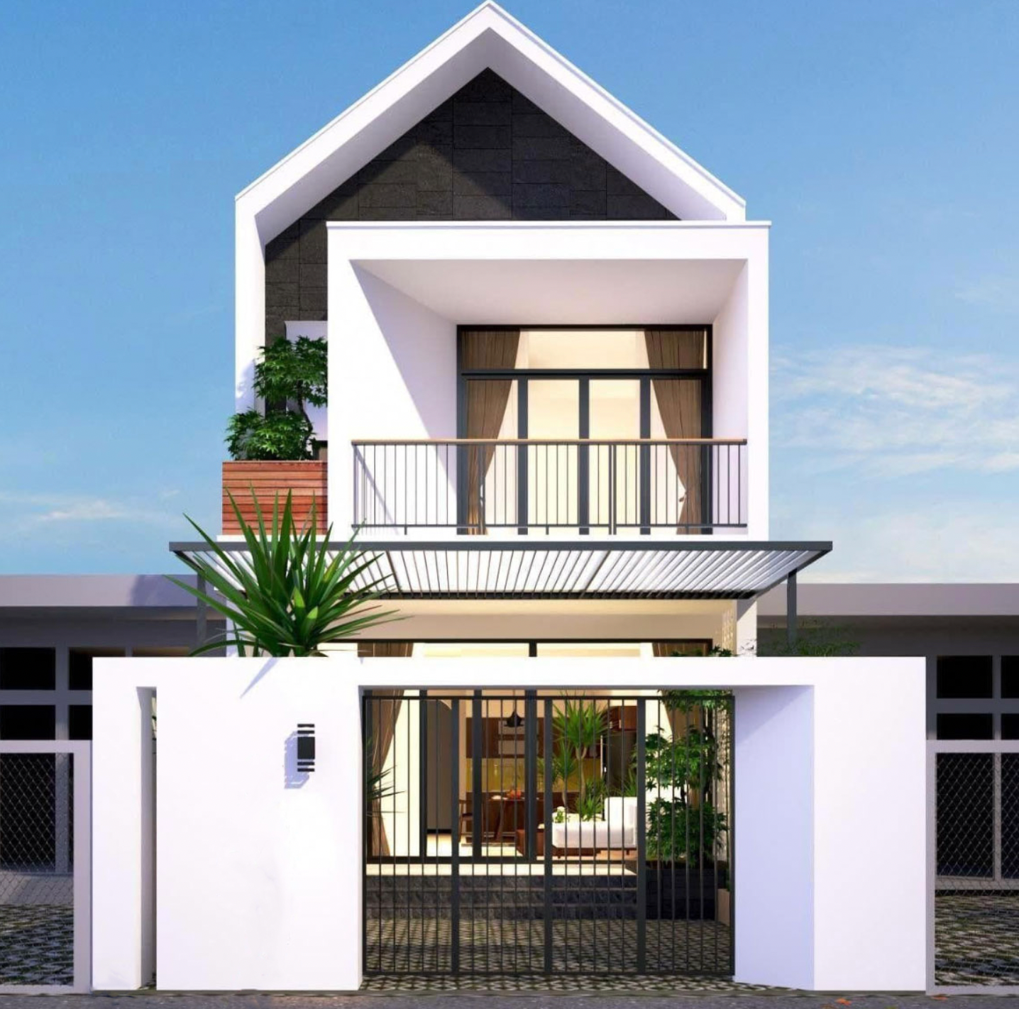 Ngôi nhà hiện đại 2 tầng với cửa kính lớn, ban công và cây xanh trước sân, thiết kế đơn giản và sang trọng.