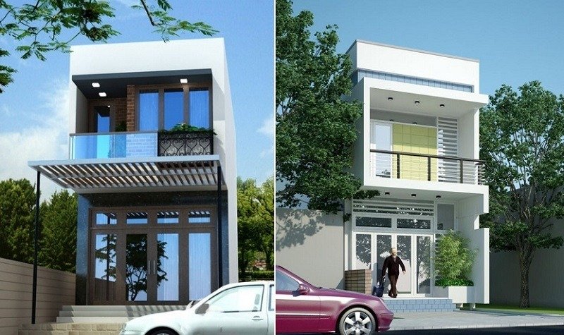 Hai mẫu nhà phố hiện đại, thiết kế mặt tiền thoáng với cây xanh.