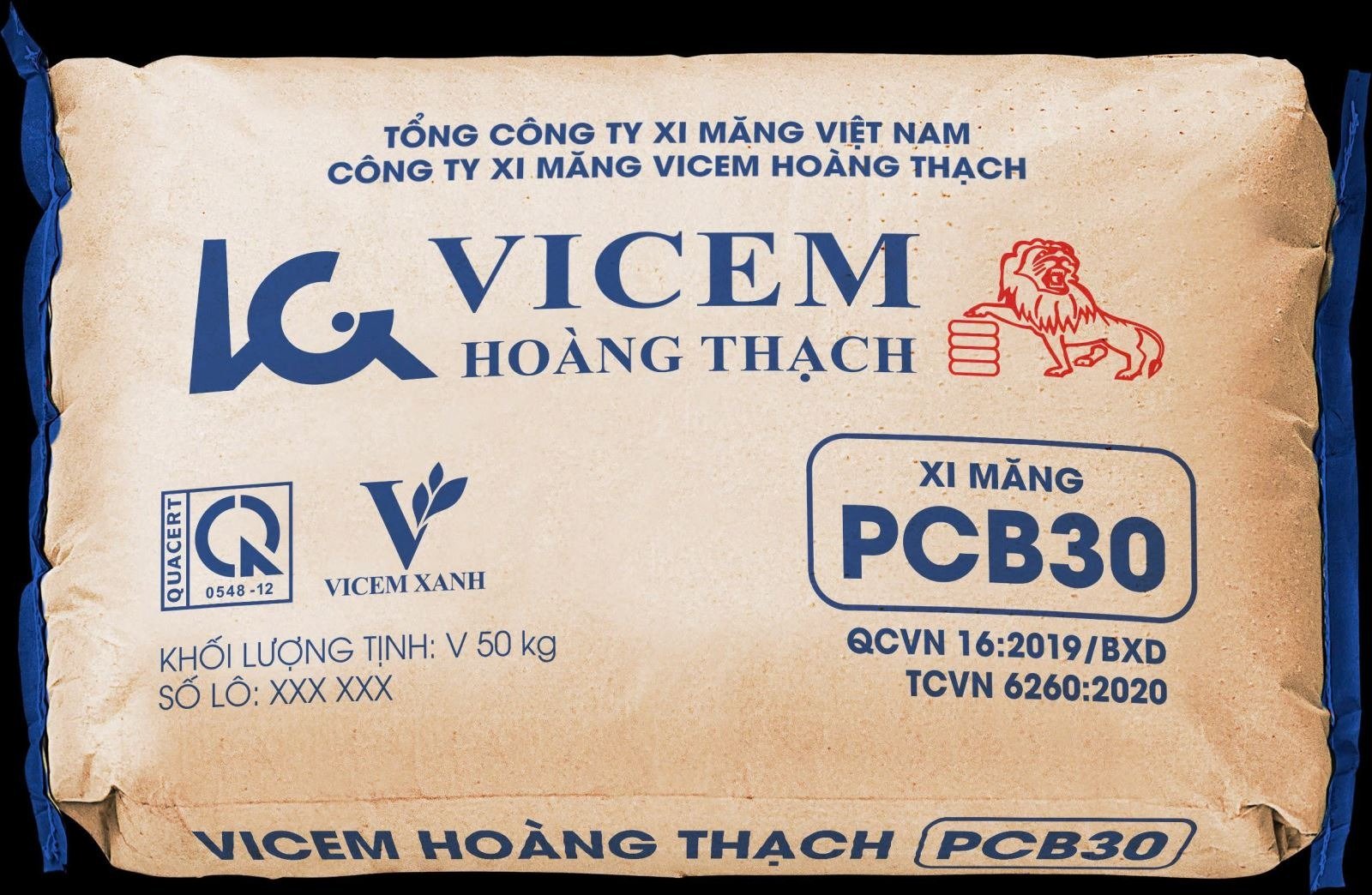 xi-mang-hoang-thach Bao xi măng Vicem Hoàng Thạch PCB30, 50kg, tiêu chuẩn Việt Nam, logo sư tử và Vicem Xanh.