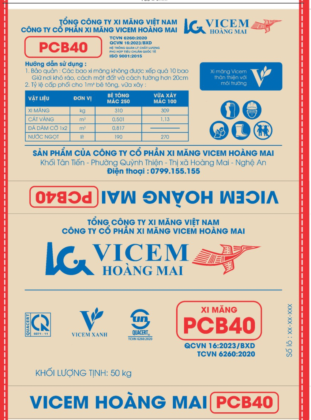 xi-mang-vicem-hoang-mai Bao xi măng Vicem Hoàng Mai PCB40, 50kg, tiêu chuẩn TCVN 6260:2020, thân thiện môi trường.
